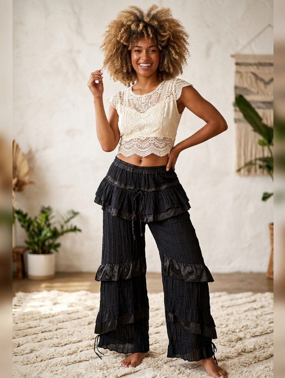 Free People Belle Ruffle Pants Bridgerton Castlecore Wide Leg Whimsical Large